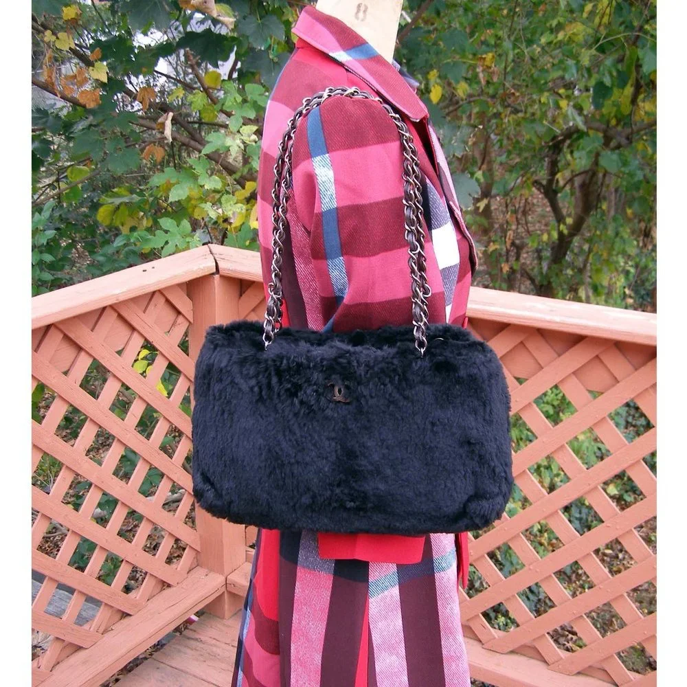 RARE CHANEL Black Fur Shoulder Bag Chain Straps CC
